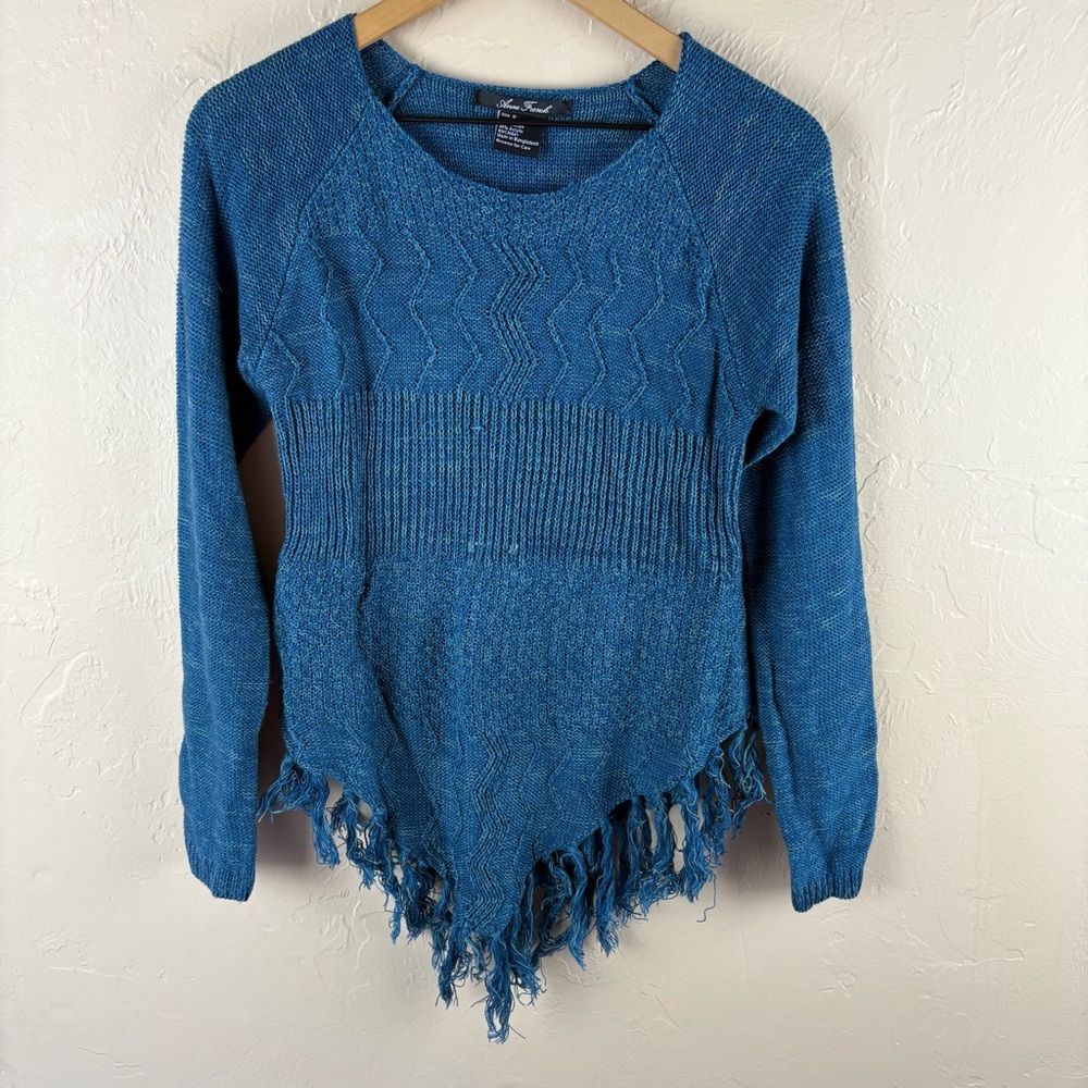 Anne French V-Style Fringe Hem Blue Boho Chic Long Sleeve Sweater Medium